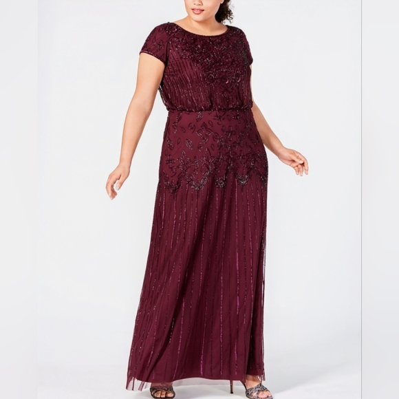 NWT, Adriana Papell, Cassis Colored, Simmering Beaded, Blouson Gown, Size 18W - Picture 2 of 14